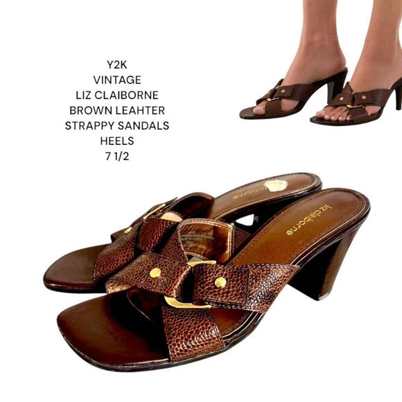 VTG. Y2K LIZ CLAIBORNE BROWN LEATHER BUCKLE STRAPPY HEEL SANDALS 7.5. - Picture 1 of 7